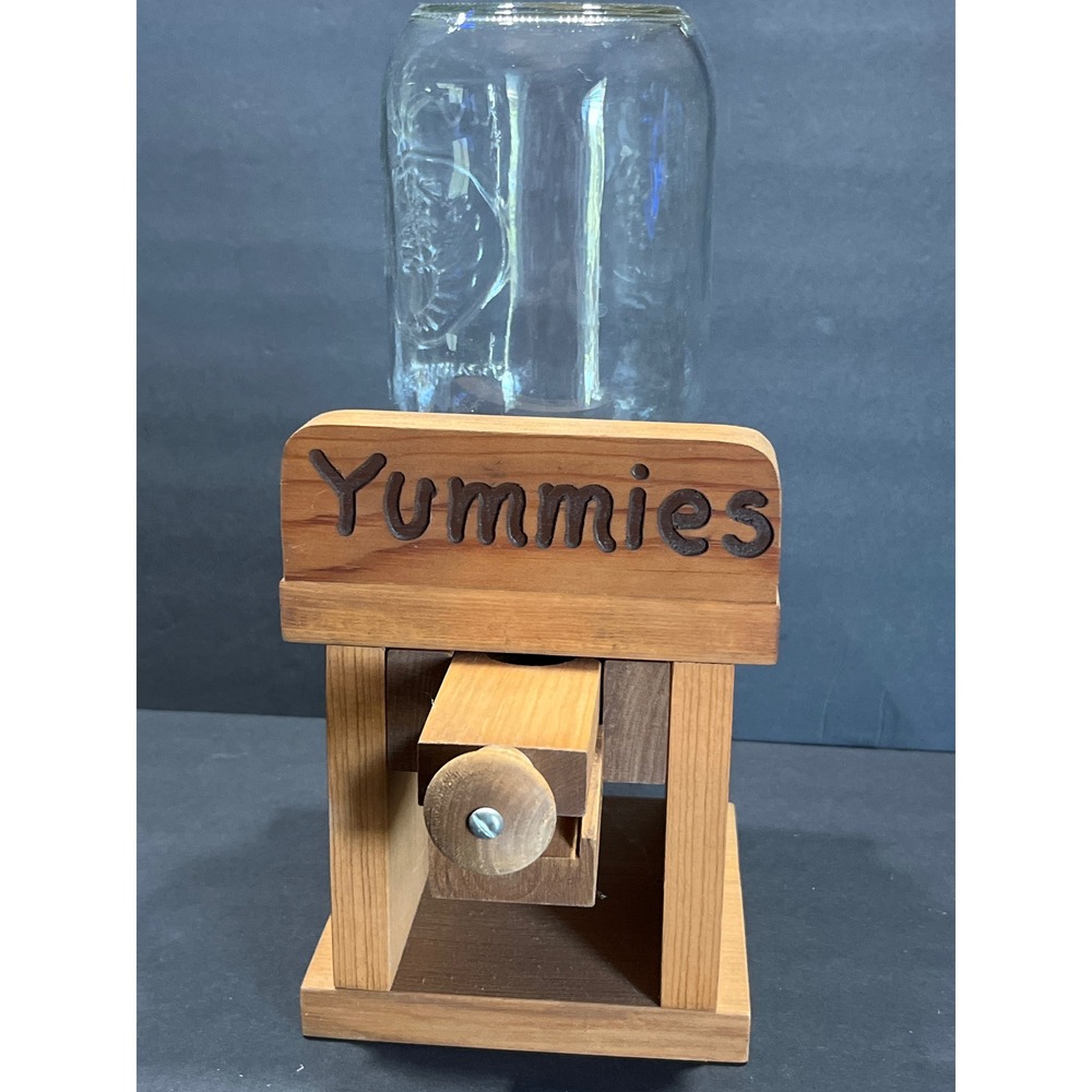 Vintage Wooden Yummies Candy Dispenser with Glass Jar Rustic Farmhouse Decor